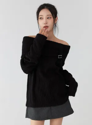 Off-Shoulder Buckle Knit Sweater CD322