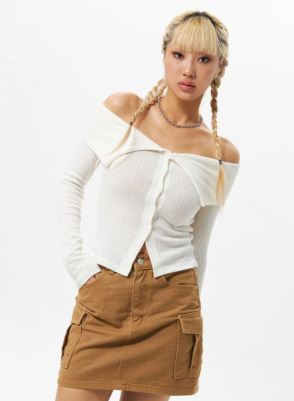 Off-Shoulder Ribbed Cardigan IO324