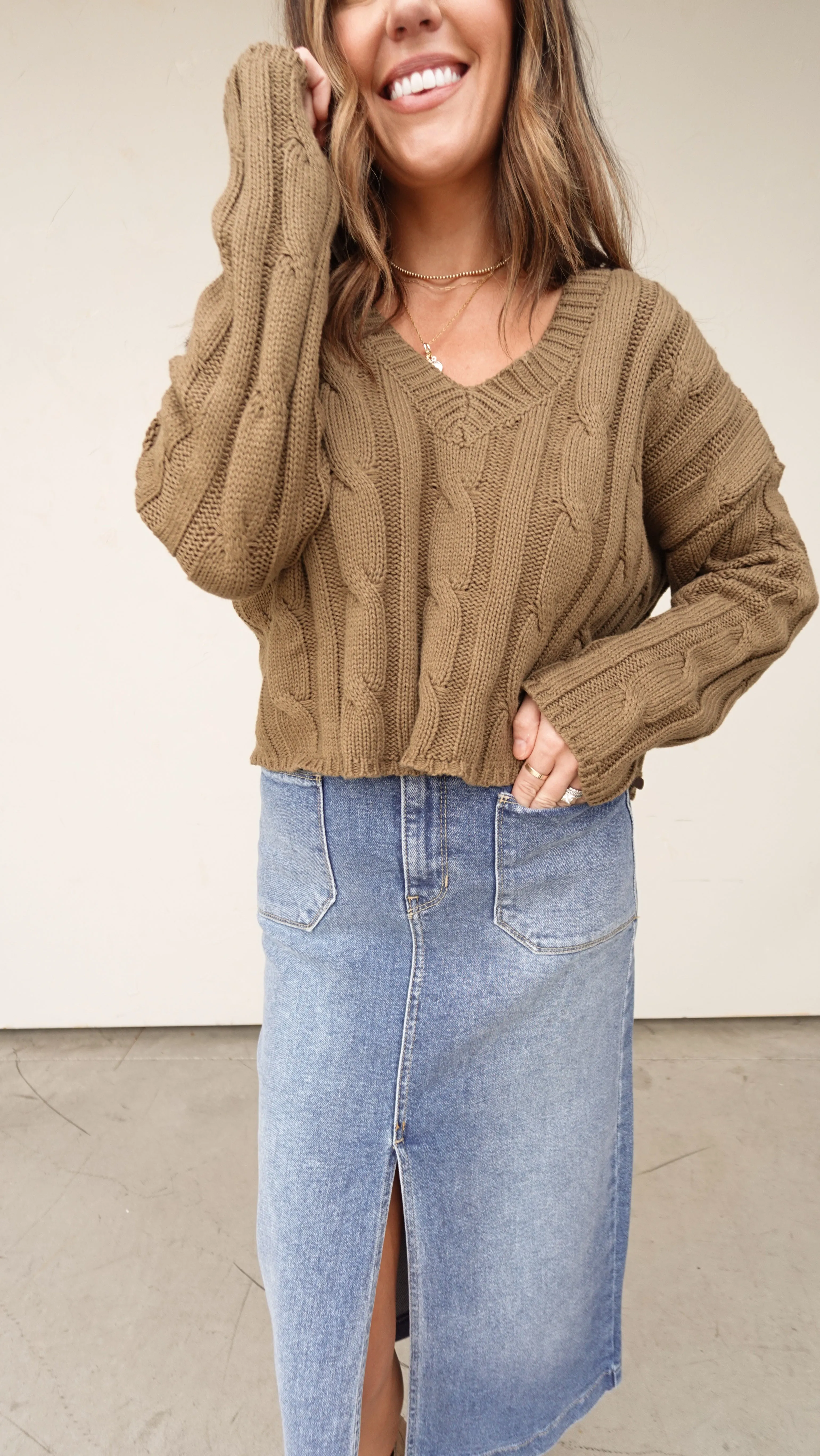 Olive Cableknit V-Neck Sweater