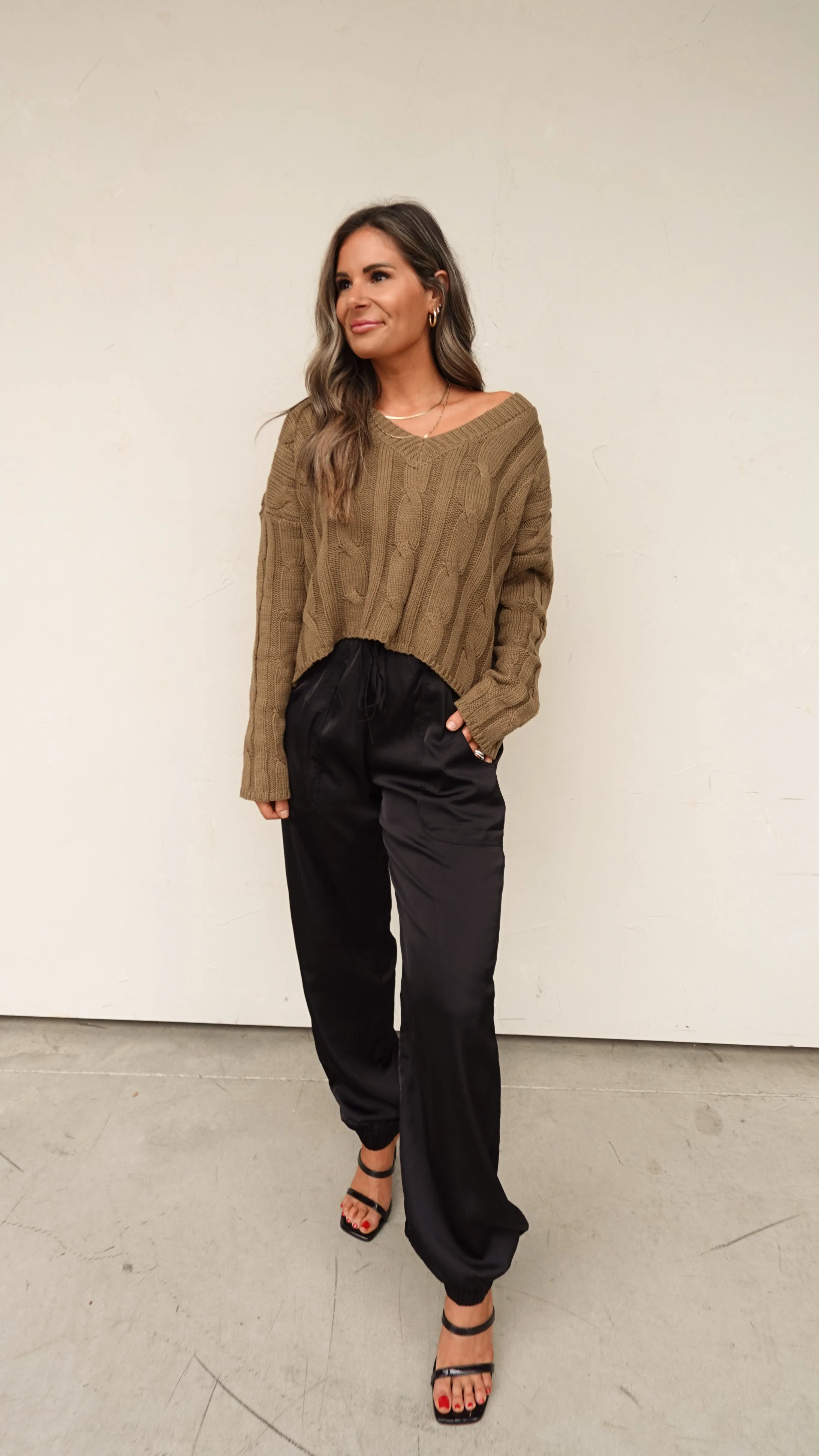 Olive Cableknit V-Neck Sweater