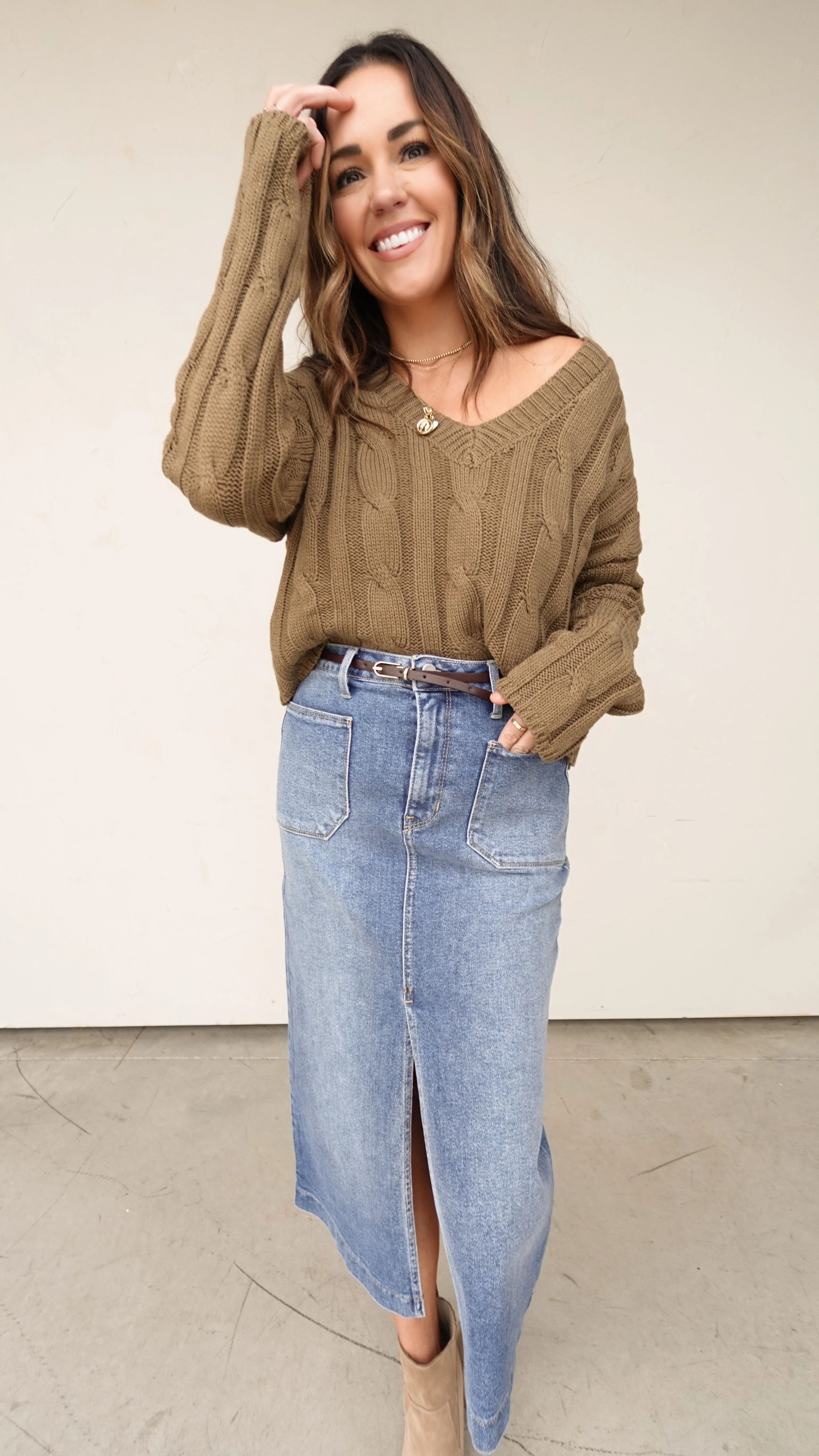 Olive Cableknit V-Neck Sweater