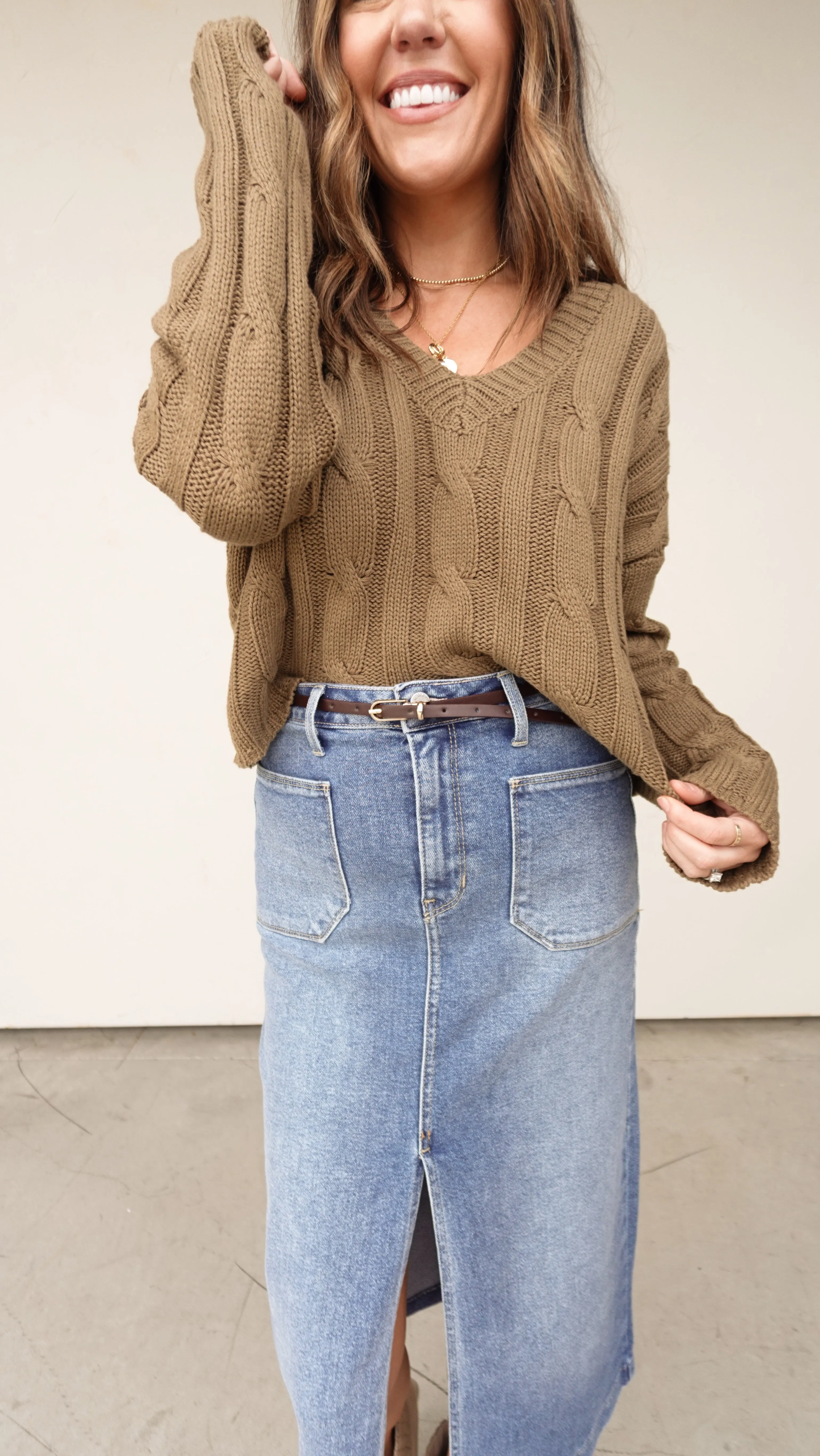 Olive Cableknit V-Neck Sweater