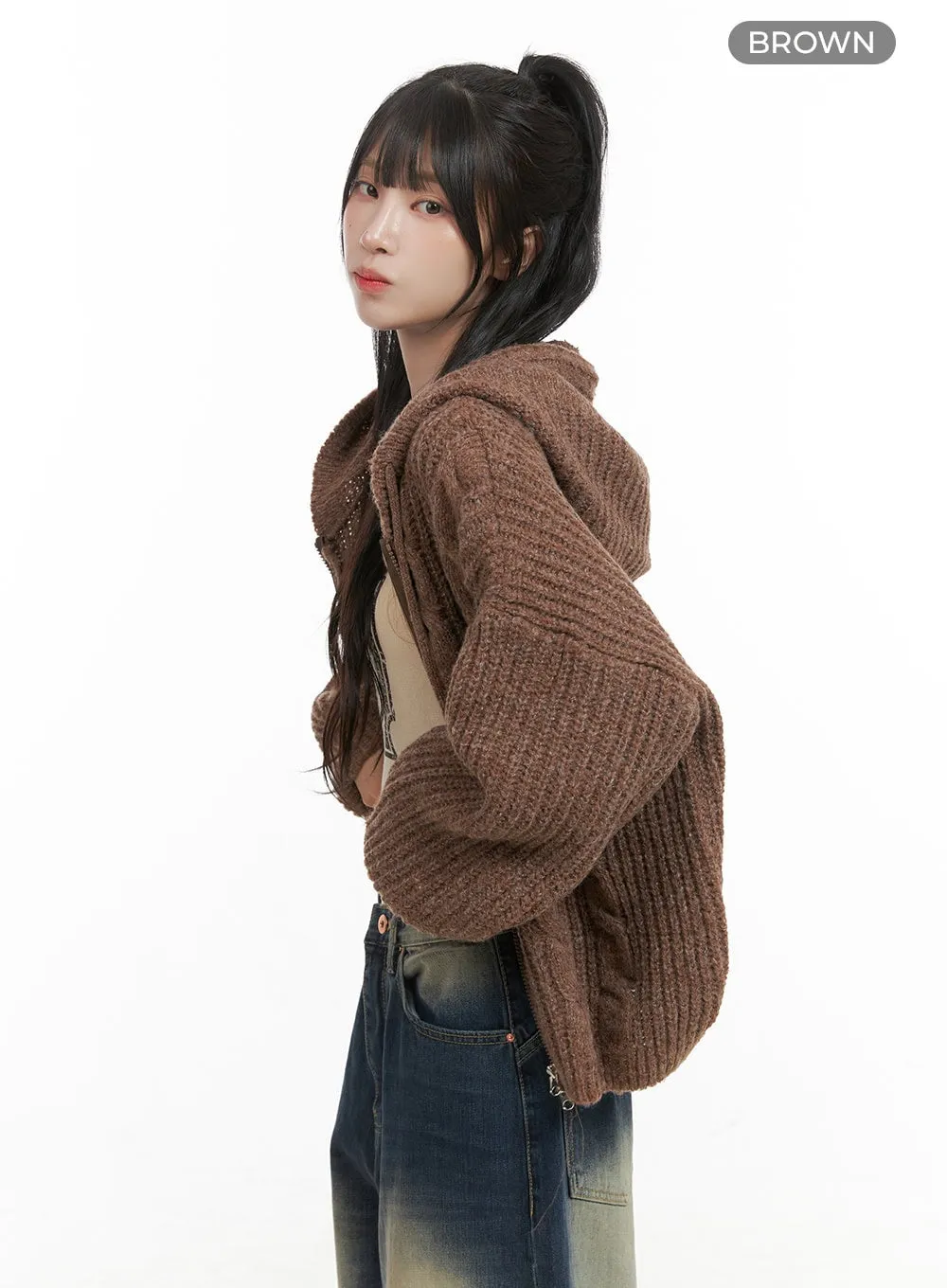 Oversized Cable Knit Zip-Up Hooded Sweater CG421