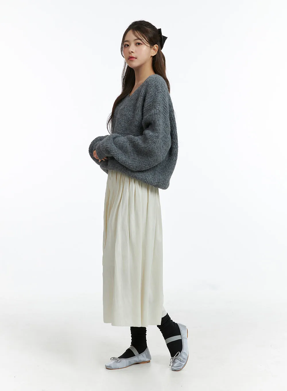 Oversized V-Neck Solid Long Sleeve Sweater OJ411