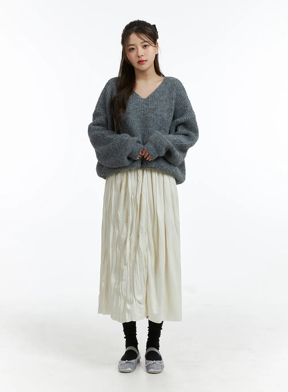 Oversized V-Neck Solid Long Sleeve Sweater OJ411