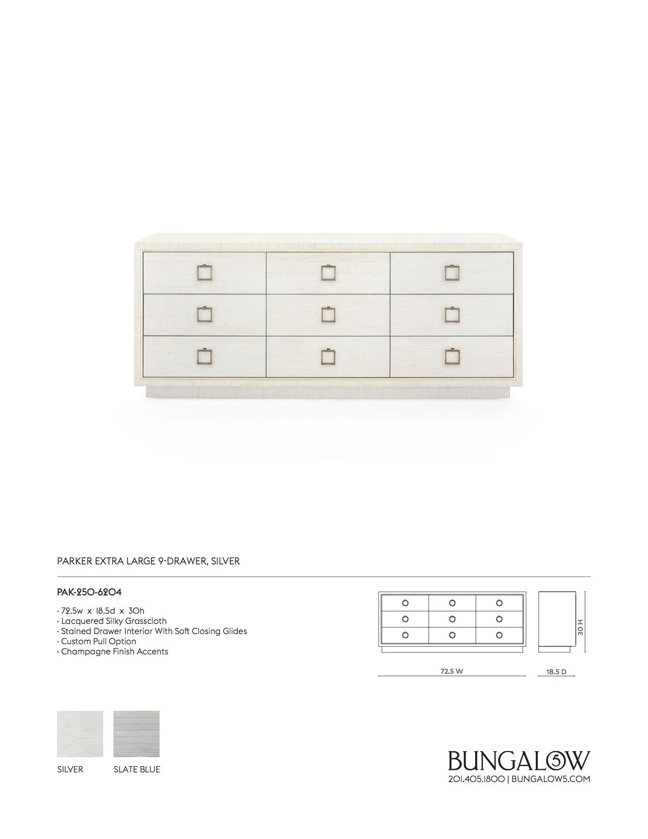 Parker Extra Large 9 Drawer Chest Silver Shimmer