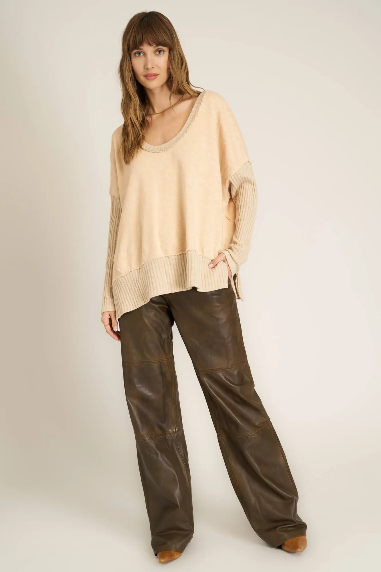 Quinn Mixed Fabric Oversized Pullover - Mother of Pearl