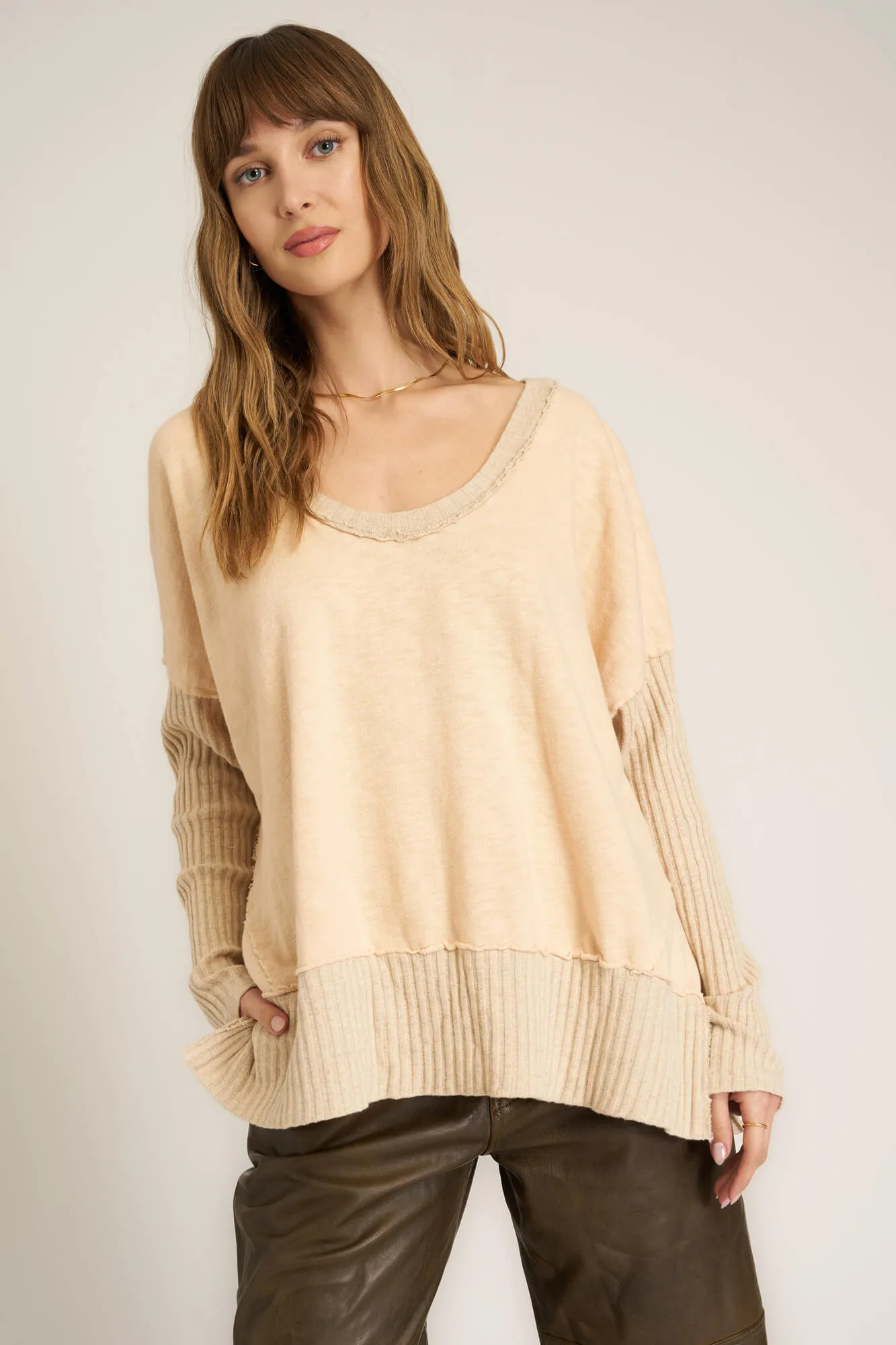 Quinn Mixed Fabric Oversized Pullover - Mother of Pearl