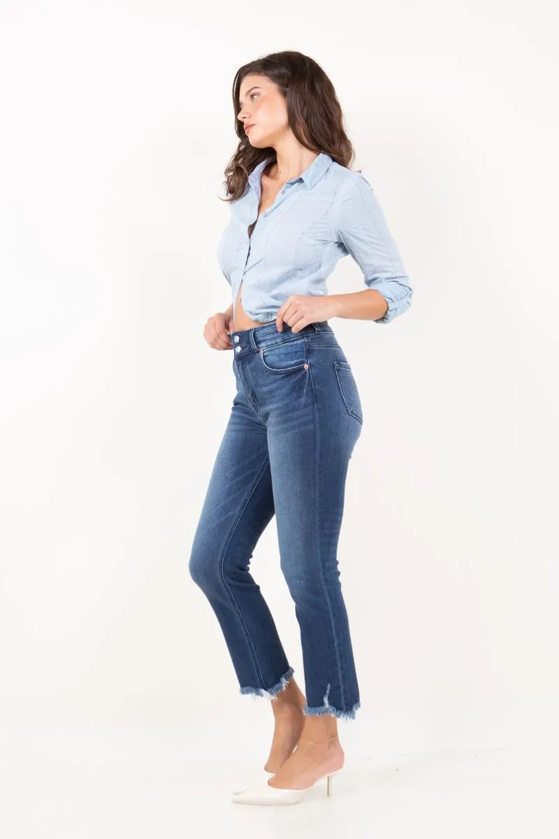 Refined Heights Corset Double Waistband Straight Frayed Hem Jeans