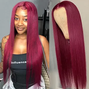 Supernova 99J Burgundy Lace Front Wigs Human Hair Red Straight 4x4 Lace Closure Wig Long Silk Brazilian Virgin Human Hair Pre Plucked With Baby Hair For Black Women 150% Density 16 Inch