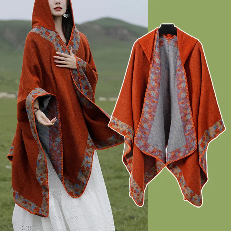 Tibetan Shawl Border Small Floral Flower Hooded Cloak