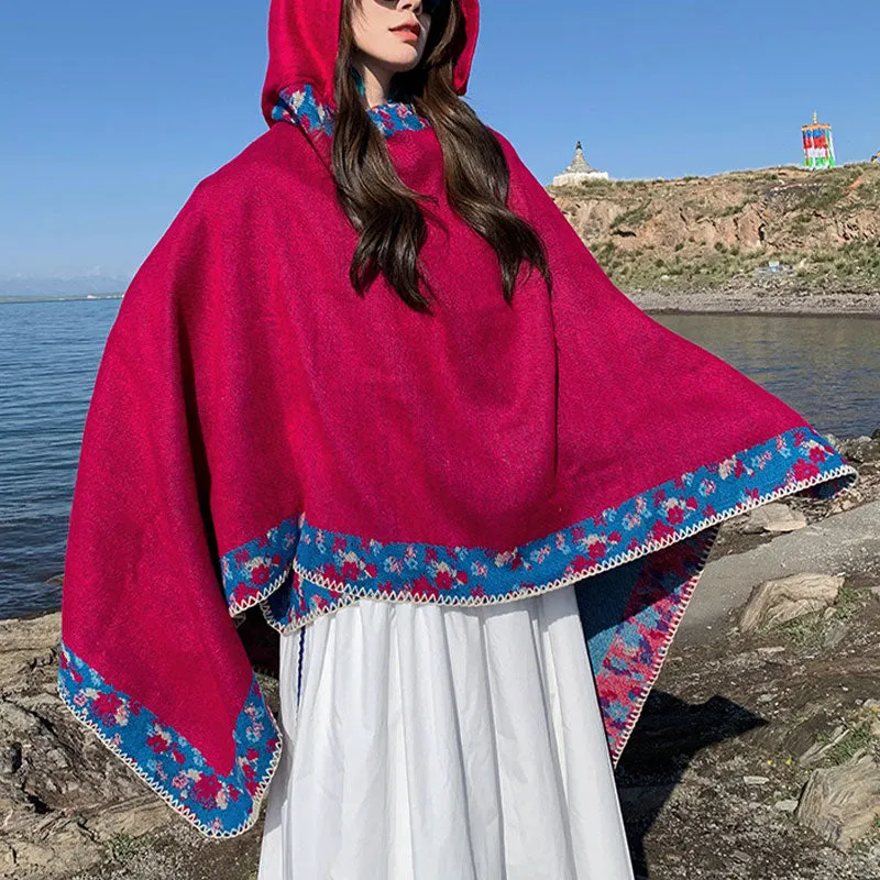 Tibetan Shawl Border Small Floral Flower Hooded Cloak