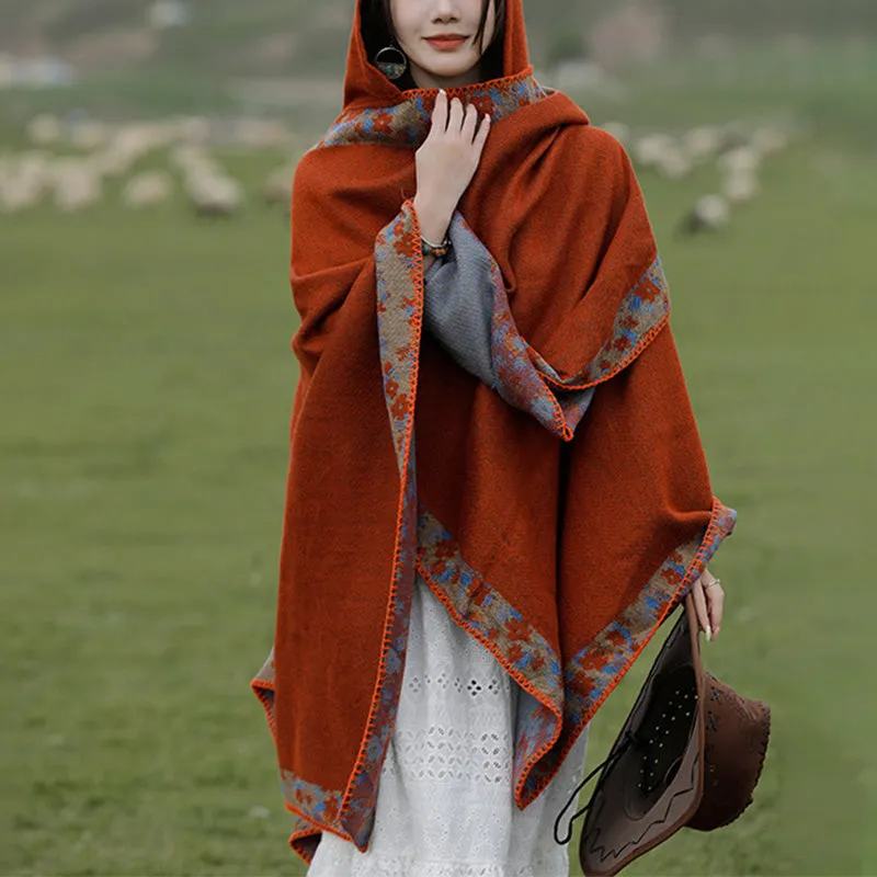 Tibetan Shawl Border Small Floral Flower Hooded Cloak