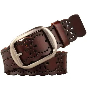 Women’s Hollow Flower Genuine Cowhide Leather Belt With Alloy Buckle by JASGOOD