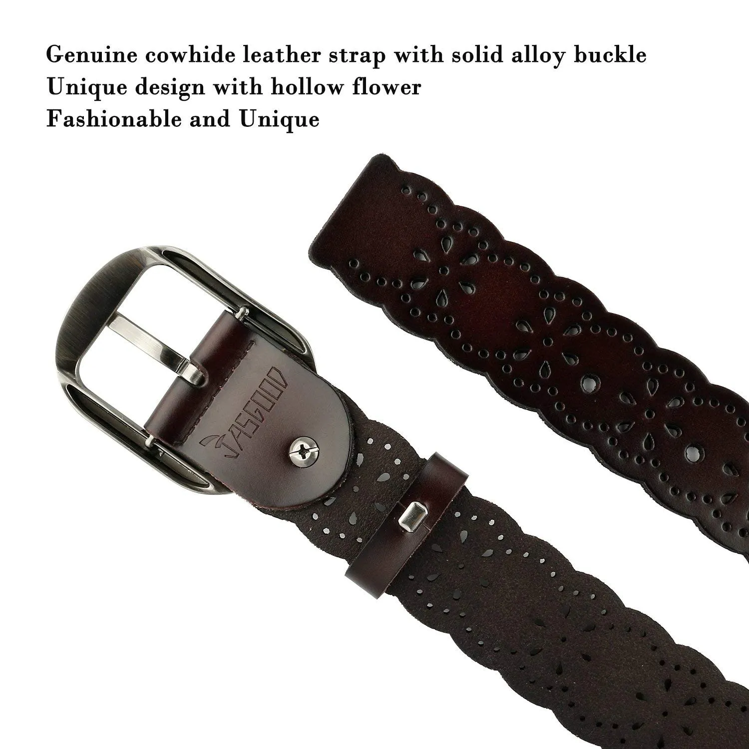 Women’s Hollow Flower Genuine Cowhide Leather Belt With Alloy Buckle by JASGOOD