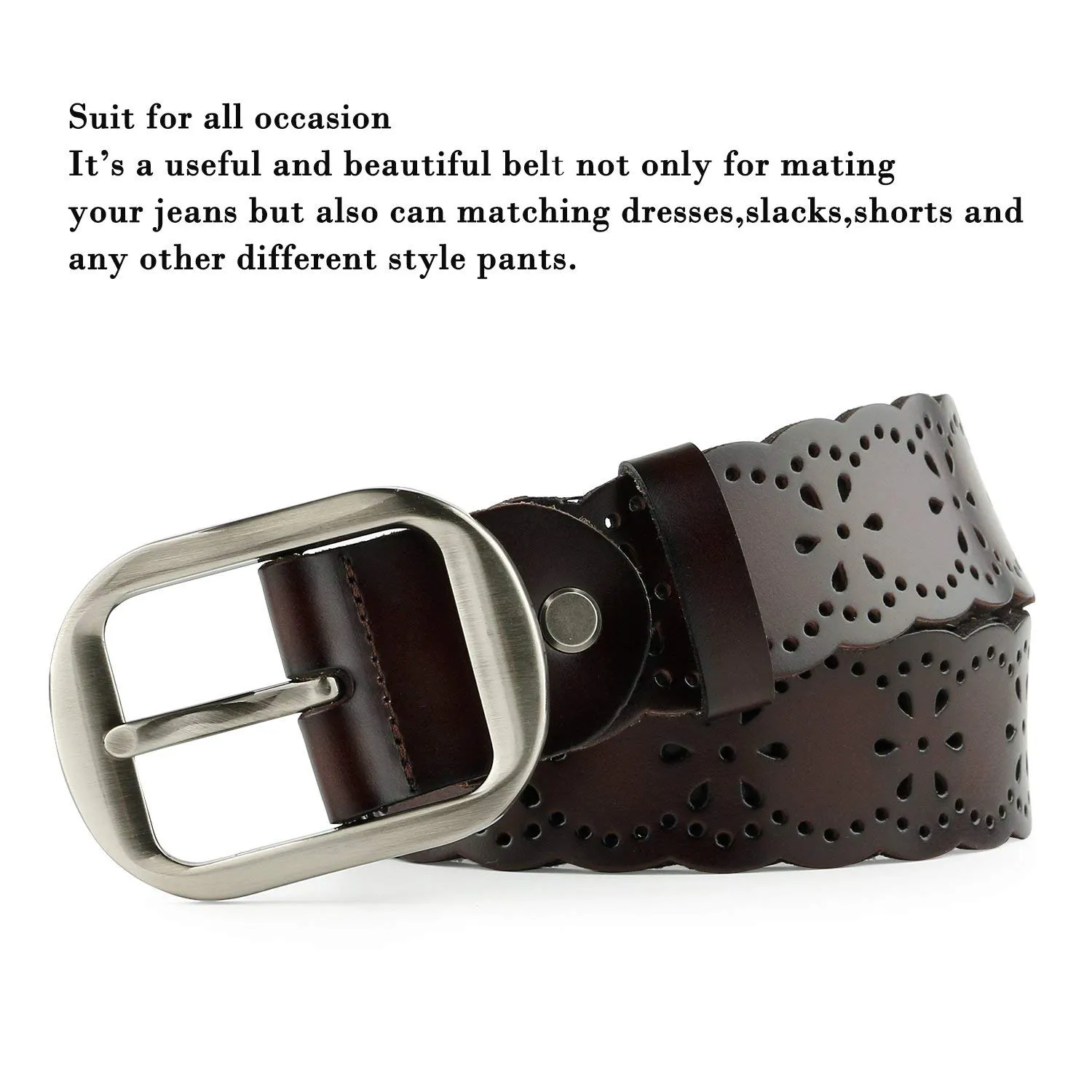 Women’s Hollow Flower Genuine Cowhide Leather Belt With Alloy Buckle by JASGOOD