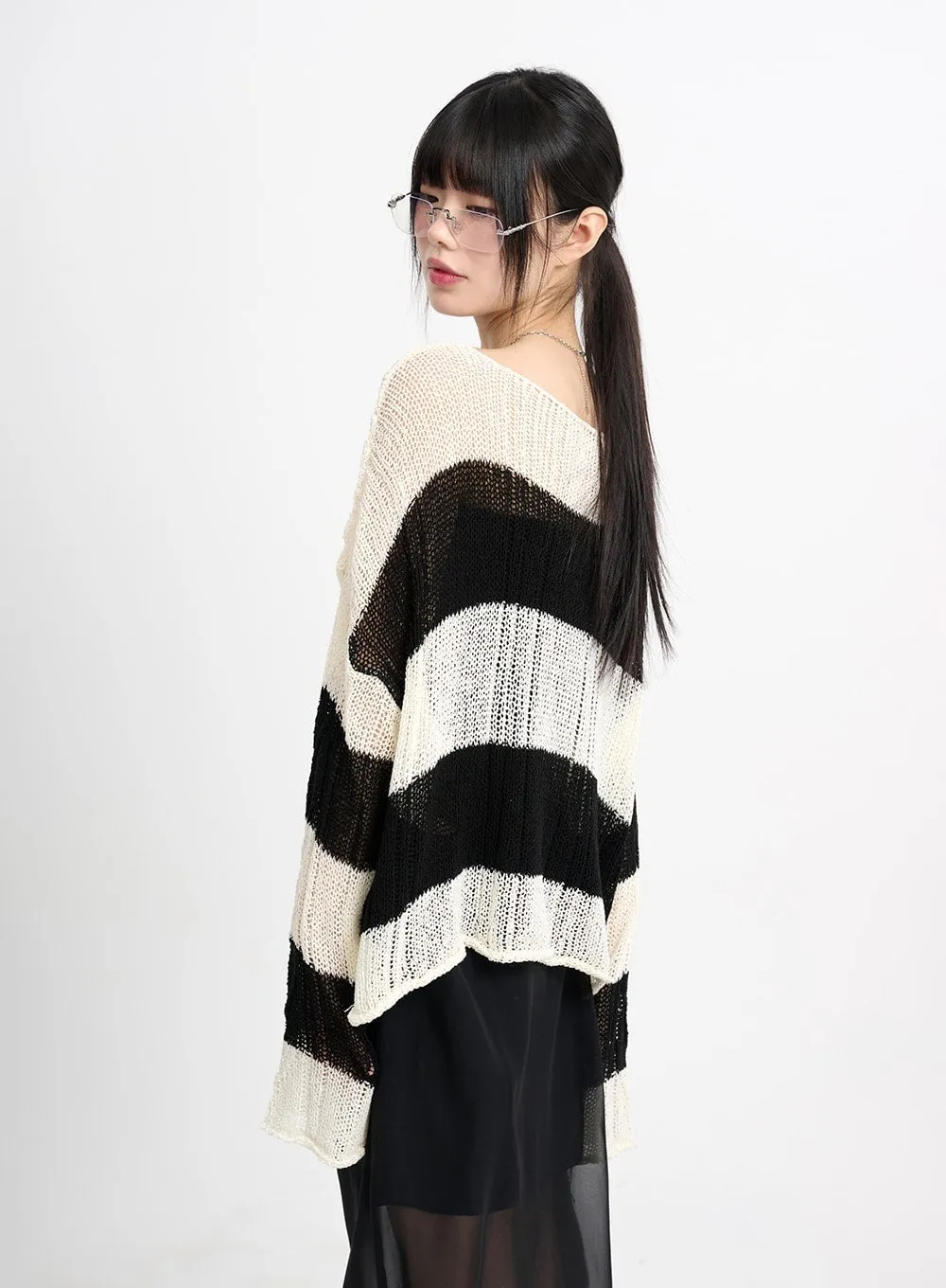 Wool Blend Hollow Out Striped Knit Sweater CM415